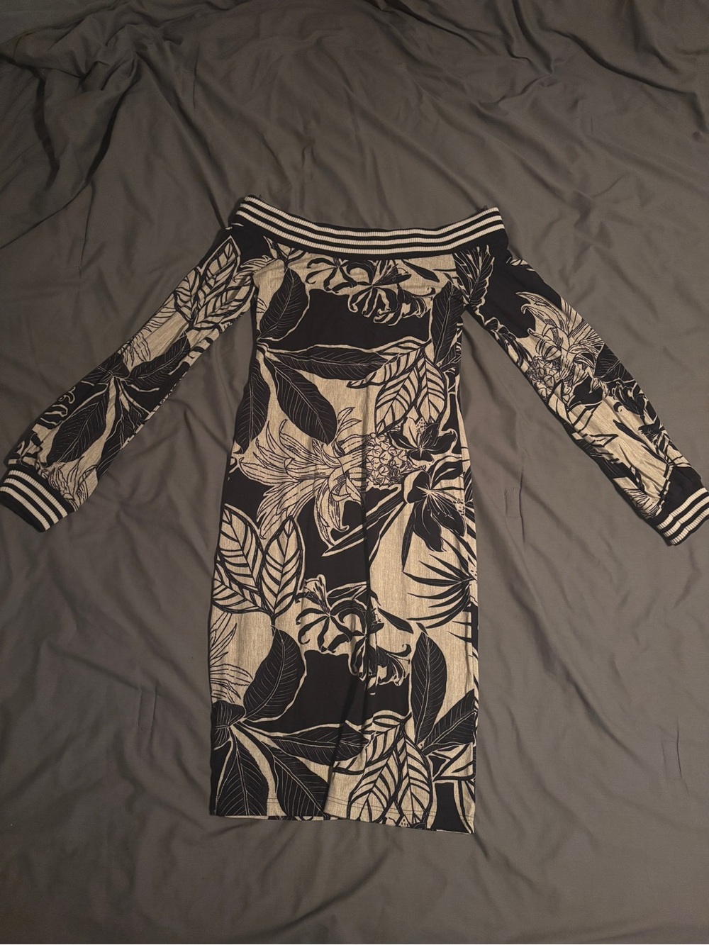 Zinzane Dress M Black Cream Tropical Floral Off Shoulder Boho Midi Dress